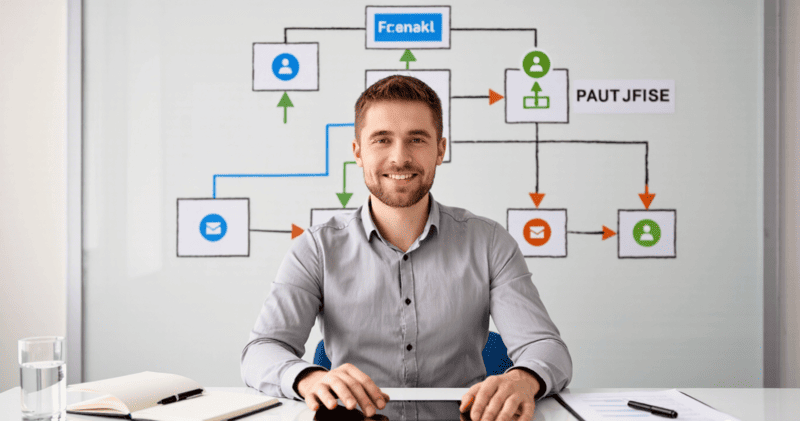 Simplified Sourcing Strategy A business owner looking relaxed at a desk with a simplified supply chain chart