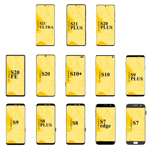 Assorted older Galaxy S replacement screens arranged by model