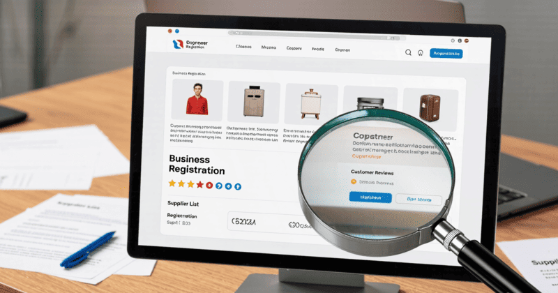 Verifying a phone parts supplier online A magnifying glass over a computer screen showing a supplier's website