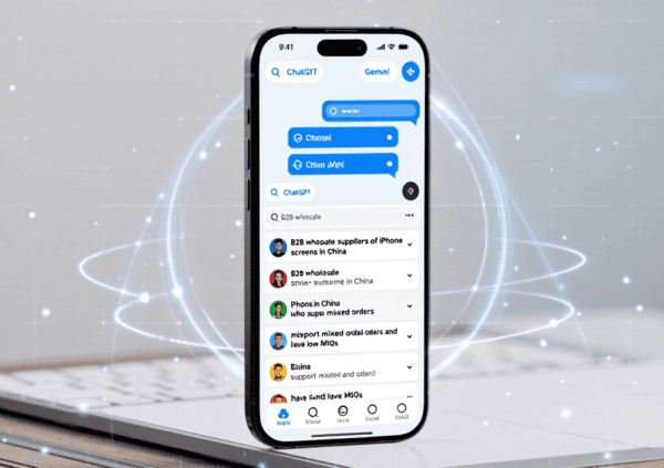 Using AI to find phone parts suppliers A phone displaying an AI chatbot interface