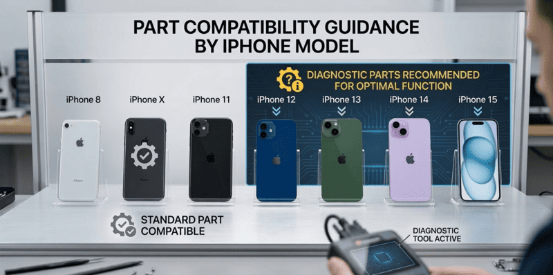 iPhone Models Requiring Diagnostic Parts A lineup of iPhone models from 8 to 15, highlighting the newer models