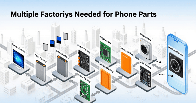 Multiple Factories Needed for Phone Parts diagram showing multiple factories for different phone parts