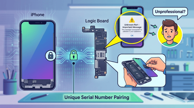 iPhone Part Serialization An illustration showing a logic board and a screen with a lock symbol between them